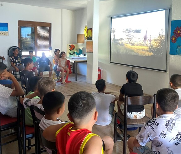 Mehrere Kinder sitzen in einem Raum auf Stühlen und schauen gemeinsam auf eine große Leinwand, auf der ein Film mit Tieren in einer Landschaft läuft.