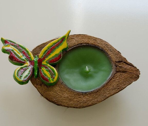 Werkstatt Loosdorf Produkt eine grüne Kerze in einer Feigenschale mit einem grünen Schmetterling 