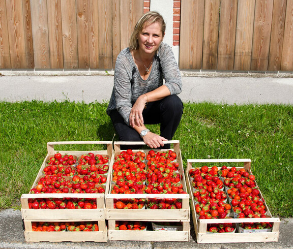 Caritas-Mitarbeiterin mit Kisten voller frischer Erdbeeren